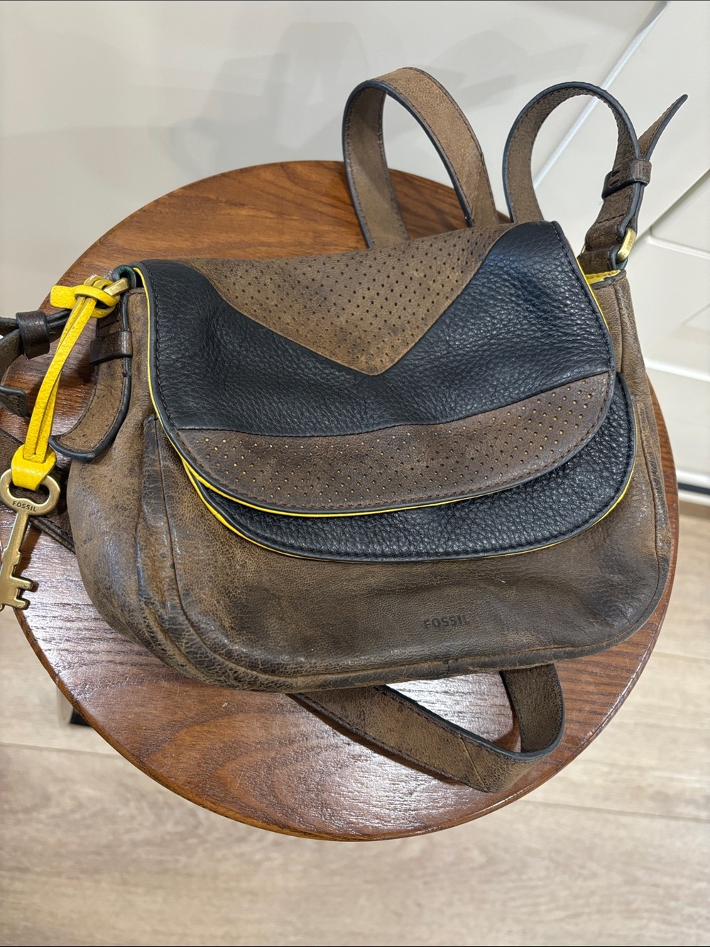 Fossil Brown Leather Crossbody with Black Panels and Yellow Trim